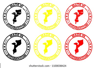 Made in Mozambique - rubber stamp - vector, Mozambique map pattern - black, yellow and red