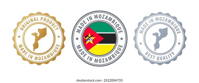 Made in Mozambique - set of stamps with map and flag. Best quality. Original product. Vector illustration