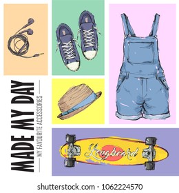 Made my day. Set of fashion accessories. Sketch style. Vector collection.