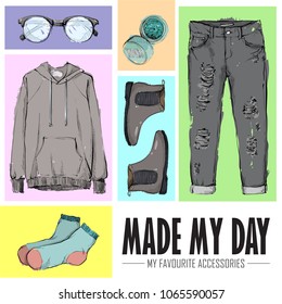 Made my day. Set of fashion accessories. Sketch style. Vector collection.