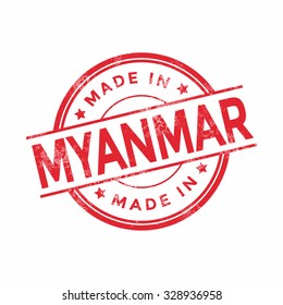 Made in Myanmar red vector graphic. Round rubber stamp isolated on white background. With vintage texture.