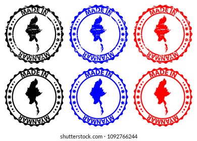 Made in Myanmar - rubber stamp - vector, Republic of the Union of Myanmar (Burma) map pattern - black, blue and red