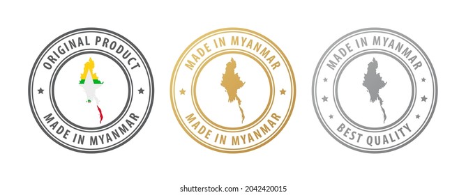 Made in Myanmar - set of stamps with map and flag. Best quality. Original product. Vector illustration