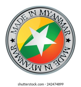Made in myanmar silver badge and icon with central glossy myanmese flag symbol and stars. Vector EPS 10 illustration isolated on white background.