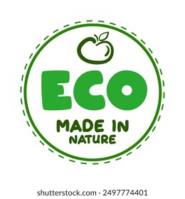 Made in Nature, eco green label sticker with apple label in round frame. Vector Illustration. Isolated element for food, farm, fruits and vegetables. white background