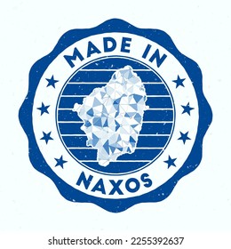 Made In Naxos. Island round stamp. Seal of Naxos with border shape. Vintage badge with circular text and stars. Vector illustration.