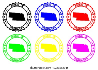 Made in Nebraska - rubber stamp - vector, Nebraska (United States of America) map pattern - black, blue, green, yellow, purple and red