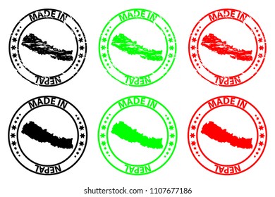 Made in Nepal - rubber stamp - vector, Nepal map pattern - black, green and red