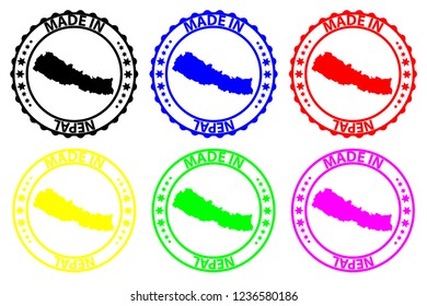 Made in Nepal - rubber stamp - vector, Nepal map pattern - black, blue, green, yellow, purple and red