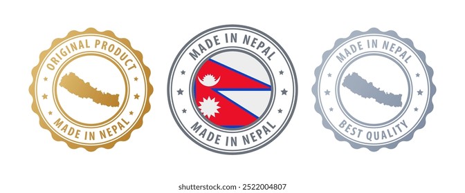 Made in Nepal - Briefmarken mit Karte und Flagge. Beste Qualität. Originalprodukt. Vektorgrafik