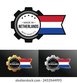 Made in Netherlands with gear and flag design. For banner, stamp, sticker, icon, logo, symbol, label, badge, seal, sign. Vector Illustration