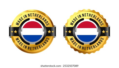 Feito nos Países Baixos ou holland logotipo um círculo de ouro com uma imagem de uma bandeira no meio. Para ícone, rótulo, emblema, marca, sinal, símbolo, etc. Moderno e minimalista. Ilustração de vetor