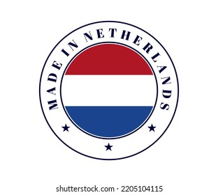 Icono hecho en Holanda. Fabricado en una etiqueta circular neerlandesa. Sello con bandera de los Países Bajos. Ilustración vectorial eps10