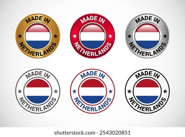 Made in Netherlands label icon with flag. Icon set for business, badge, seal, sticker, logo, and symbol