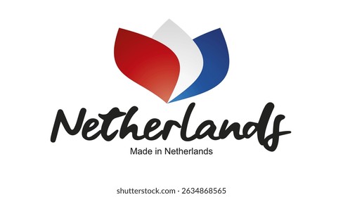 Made in Netherlands logo, sticker. Abstract Netherlands flag and ribbon in shape of leaf flower with handwritten typography lettering