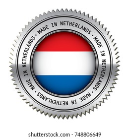 Made in Netherlands metal silver stamp with the flag symbol of Netherlands flag in the center. Vector illustration isolated on white background.