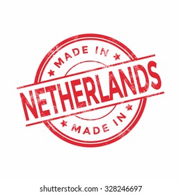 Made in Netherlands red vector graphic. Round rubber stamp isolated on white background. With vintage texture.