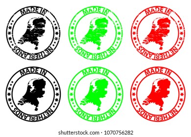 Made in Netherlands - rubber stamp - vector, Netherlands map pattern - black, green and red