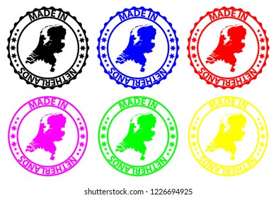 Made in Netherlands - rubber stamp - vector, Netherlands map pattern - black, blue, green, yellow, purple and red