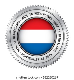 Made in Netherlands silver badge with the flag symbol of Netherlands flag in the center. Vector illustration isolated on white background.
