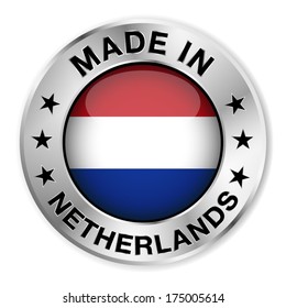 Made in Netherlands silver badge and icon with central glossy Holland flag symbol and stars. Vector EPS10 illustration isolated on white background.