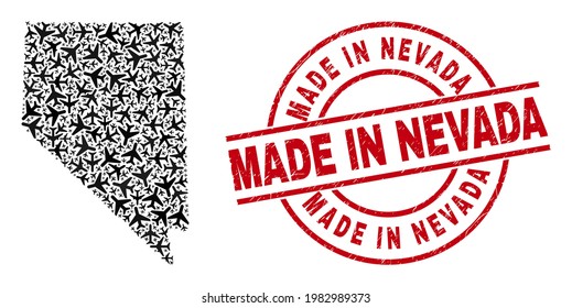 Made in Nevada grunge seal, and Nevada State map mosaic of aviation elements. Mosaic Nevada State map created with airliners. Red seal with Made in Nevada caption, and corroded rubber texture.