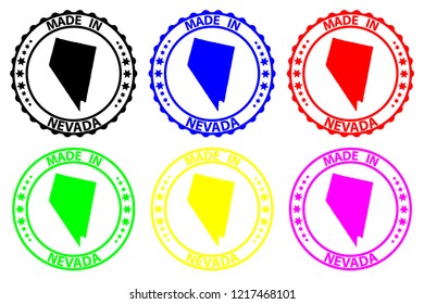 Made in Nevada - rubber stamp - vector, Nevada (United States of America) map pattern - black, blue, green, yellow, purple and red
