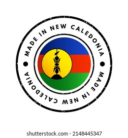 Hecho en Nueva Caledonia estampilla de emblema de texto, fondo de concepto