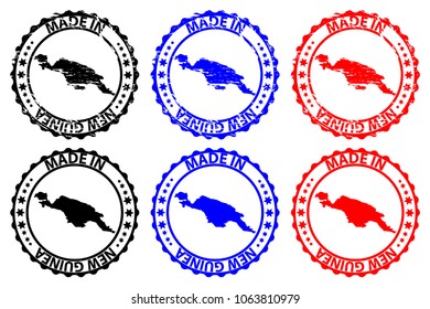 Made in New Guinea - rubber stamp - vector, New Guinea map pattern - black, blue and red
