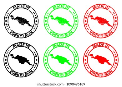 Made in New Guinea - rubber stamp - vector, New Guinea map pattern - black, green and red