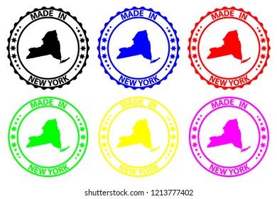 Made in New York - rubber stamp - vector, New York (United States of America) map pattern - black, blue, green, yellow, purple and red