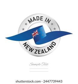 Made in New Zealand. New Zealand flag ribbon with circle silver ring seal stamp icon. New Zealand sign label vector isolated on white background