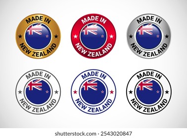 Made in New Zealand label icon with flag. Icon set for business, badge, seal, sticker, logo, and symbol