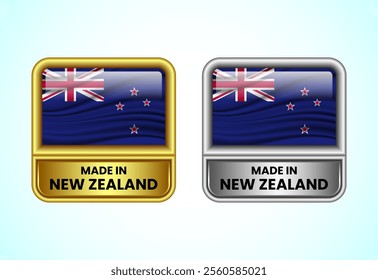 Made in New Zealand label icon in gold and silver color. Flag icon set for business