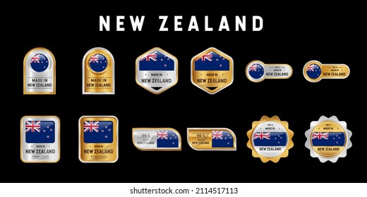 Made in New Zealand Label, Stamp, Badge, or Logo. With The National Flag of New Zealand. On platinum, gold, silver, blue, white, and red colors. Premium and Luxury Emblem