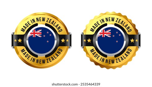 Made in New Zealand logo icon a gold circle with a picture of a flag in the middle. For stamp, label, badge, mark, sign, symbol, etc. Modern and minimalist. Vector Illustration