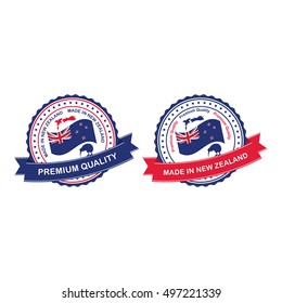Made in New Zealand, Premium Quality - stamp / label / sticker with the national map, kiwi bird and flag. Print colors used