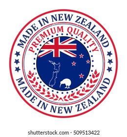 Made in New Zealand, Premium quality - stamp / label / sticker with the national map, kiwi bird and flag. Print colors used