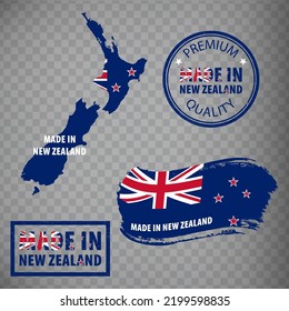 Made in New Zealand rubber stamps icon isolated on transparent background. Manufactured or Produced in New Zealand.  Map of  New Zealand. Set of grunge rubber stamps for your  design. EPS10.