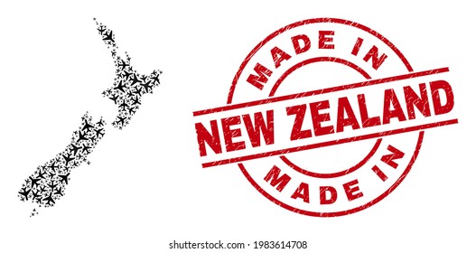 Made In New Zealand scratched badge, and New Zealand map collage of air force elements. Collage New Zealand map designed of air force symbols. Red seal with Made In New Zealand text,