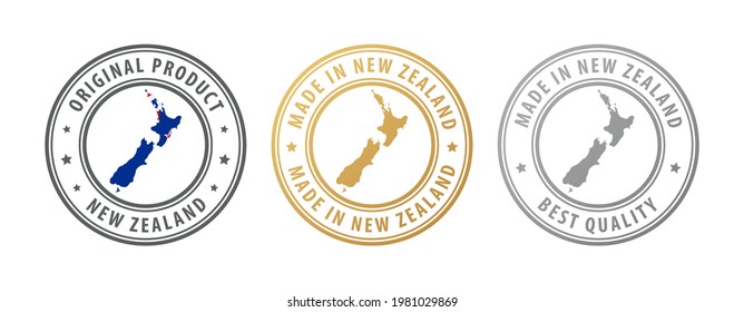 Made in New Zealand - set of stamps with map and flag. Best quality. Original product. Vector illustration