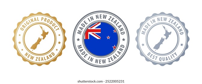 Made in New Zealand - set of stamps with map and flag. Best quality. Original product. Vector illustration