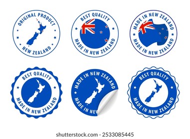 Made in New Zealand - set of stamps and stickers with map and flag. Best quality. Original product. Vector illustration.