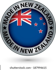 Made in New Zealand silver label with flag, vector illustration