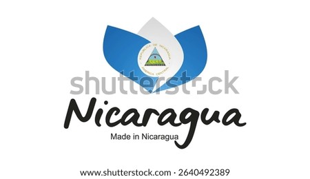 Made in Nicaragua logo, sticker. Abstract Nicaragua flag and ribbon in shape of leaf flower with handwritten typography lettering