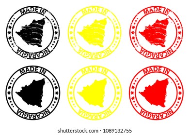 Made in Nicaragua - rubber stamp - vector, Nicaragua map pattern - black, yellow and red