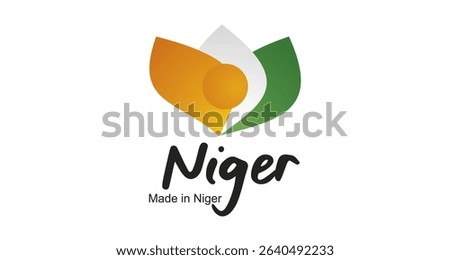 Made in Niger logo, sticker. Abstract Niger flag and ribbon in shape of leaf flower with handwritten typography lettering