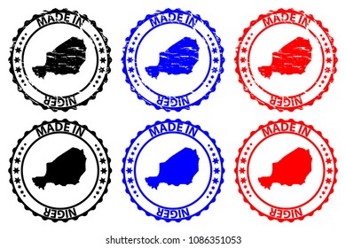 Made in Niger - rubber stamp - vector, Niger map pattern - black, blue and red