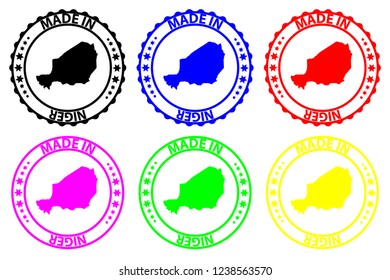 Made in Niger - rubber stamp - vector, Niger map pattern - black, blue, green, yellow, purple and red