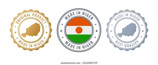 Hecho en Níger - conjunto de sellos con mapa y bandera. La mejor calidad. Producto original. Ilustración vectorial